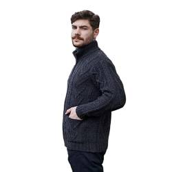 SAOL Herren Reißverschluss Zopfmuster Winter Warm Cardigan Sweater 100% Merinowolle mit Taschen (Anthrazit, M) von SAOL