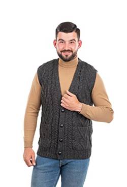 SAOL Herren-Weste, 100 % Merinowolle, V-Ausschnitt, ärmellos, irische Zopfstrickjacke, Pullover mit Knöpfen und Taschen - Schwarz - 3X-Groß von SAOL