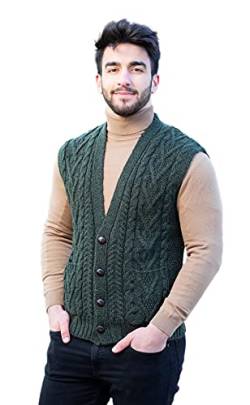 SAOL Herren Weste, 100% Merinowolle V-Ausschnitt ärmellos Irische Zopfstrickjacke Pullover mit Knöpfen und Taschen - Grün - Groß von SAOL