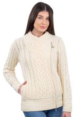 SAOL Irisch Cardigan für Damen aus 100% Merinowolle Irland Sweater Zopfmuster Reißverschluss Jacke, XXL Natur von SAOL