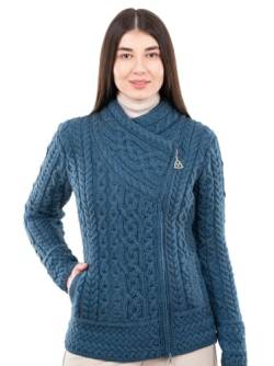 SAOL Irisch Cardigan für Damen aus 100% Merinowolle Irland Sweater Zopfmuster Reißverschluss Jacke (DE/NL/SE/PL, Alphanumerisch, L, Regular, Regular, Blaugrün) von SAOL
