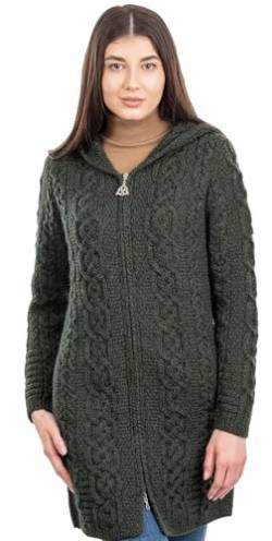 SAOL Irisch Damen Strickjacke mit Kapuze Merinowolle Langer Pullover Celtic Reißverschluss Mantel - Grün von SAOL