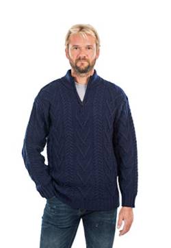 SAOL Irisch Herren Winter Draussen Pullover Sweater Pulli mit Reißverschlusshals und Fisherman Zopfmuster (Marine, XL) von SAOL