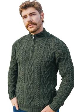 SAOL Irische Herren Winter Draussen Pullover Sweater mit Reißverschlusshals und Fisherman Zopfmuster, Armee-grün, XXL von SAOL