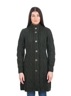 SAOL Irische Strickjacke aus 100 % Merinowolle für Damen mit keltischen Knotenknöpfen – Aran Long Outdoor Cable Knit Coatigan(Grün, X-Groß) von SAOL