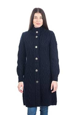 SAOL Irische Strickjacke aus 100% Merinowolle für Damen mit keltischen Knotenknöpfen – Aran Long Outdoor Cable Knit Coatigan(Navy blau, Mittel) von SAOL