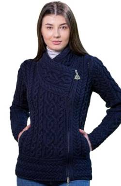 SAOL Irische Strickjacke für Damen aus 100% Merinowolle Irland Sweater Zopfmuster Zip Jacke - Blau - Groß von SAOL