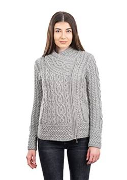 SAOL Irische Strickjacke für Damen aus 100% Merinowolle Irland Sweater Zopfmuster Zip Jacke - Grau - Mittel von SAOL