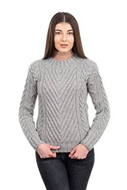 SAOL Irischer Aran Strickpullover aus 100% Merinowolle mit Rippenmuster für Damen in Natur/Marine/Grau (Grau, X-Large) von SAOL