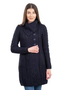 SAOL Irish Cardigan Pullover für Damen mit Seitentaschen und übergroßem Kragen - Weiche Merino-Mischung - Blau - Mittel von SAOL