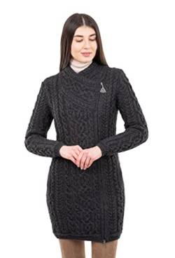 SAOL Irish Cardigan für Damen, Irland, Langer Pullover mit Taschen und keltischem Reißverschluss, aus 100% Merinowolle (S, Anthrazit) von SAOL