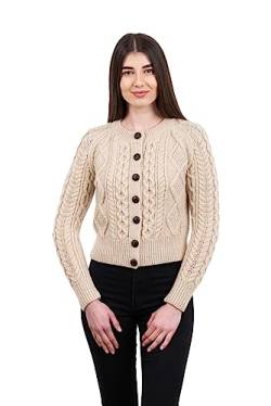 SAOL Irish Cardigan für Damen, Irland, Langer Pullover mit Taschen und keltischem Reißverschluss, aus 100% Merinowolle (as3, Alpha, m, Regular, Regular, Pastinake) von SAOL