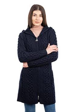 SAOL Irish Damen Strickjacke mit Kapuze Merinowolle Langer Pullover Celtic Reißverschluss Mantel - Grün (as3, Alpha, x_s, Regular, Regular, Navy) von SAOL