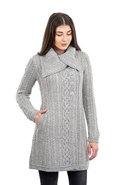 SAOL Irish Strickjacke Cardigan Strickmantel für Damen aus Weiche Merino Mischung mit Taschen und Übergroßer Kragen (Grau, L) von SAOL