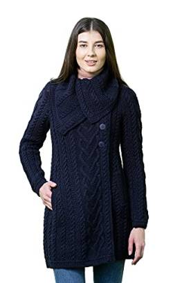 SAOL Klassische Warme Irische Aran Cable Mantel für Damen aus 100% Merinowolle (Marine, Large) von SAOL