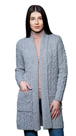 SAOL Lange Strickjacke Jacke für Damen 100% Merino Wolle Öffnen mit Taschen (Grau, M) von SAOL