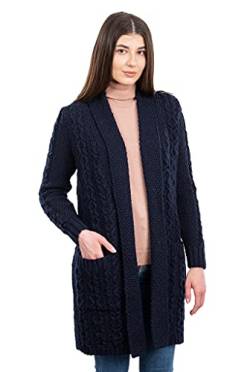 SAOL Lange Strickjacke Jacke für Damen 100% Merino Wolle Öffnen mit Taschen (Navy, L) von SAOL