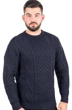 SAOL Merinowolle Aran Pullover mit Rundhalsausschnitt, in Natur/Marine, Marine, S von SAOL