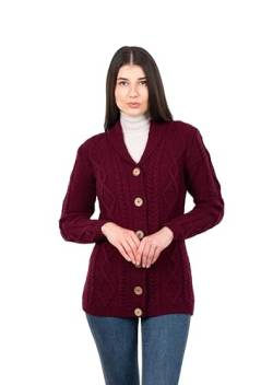 SAOL Schalhals Strickjacke für Damen, 100% Merinowolle, Geknöpfter V-Ausschnitt-Pullover, Hergestellt in Irland (DE/NL/SE/PL, Alphanumerisch, M, Regular, Regular, Wein) von SAOL