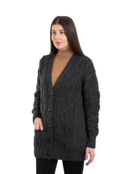 SAOL Strickjacke aus 100% Merinowolle mit Zopfmuster, Knopfleiste, Langen Ärmeln und Taschen für Damen (DE/NL/SE/PL, Alphanumerisch, M, Regular, Regular, Holzkohle) von SAOL