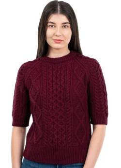 SAOL Traditioneller irischer Pullover für Damen, kurzärmelig, Zopfmuster – 100% Merinowolle(Wein, X-Klein) von SAOL