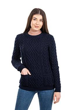 SAOL Zopfmusterpullover aus 100% Merinowolle mit Rundhalsausschnitt, Irish Aran, Damen, mit Taschen in Grau/Natur/Marineblau (Navy, Small) von SAOL