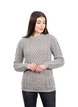 SAOL Zopfmusterpullover aus 100% Merinowolle mit Rundhalsausschnitt Irisch Aran Damen Strickjacke mit Taschen in Grau/Natur/Marineblau (Grey, Large) von SAOL