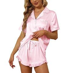 SAPJON Satin Seide Pyjama für Frauen 2Pcs Rüschen Kerbe Kragen Nachtwäsche Button Down Kurzarm Shorts Pjs Set Loungewear, Pink, M von SAPJON