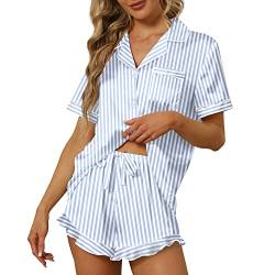 SAPJON Seiden-Pyjama für Frauen, 2 Stück, Rüschen-Dessous, Kerbkragen, Nachtwäsche, Button-Down, kurze Ärmel, Shorts, Pyjama-Set, Loungewear, Blau gestreift, M von SAPJON