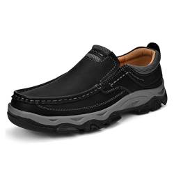 Men's Orthopedic Walking Shoes,Casual Comfort Sneakers with Arch Support,Lightweight Breathable Slip On Leather Loafers (Black No Lace Up, 50) von SARAYO
