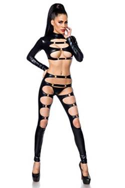 SARESIA Schwarzes Damen Dessous Gogo Wetlook-Set aus Top, Leggings und String elastisch mit Cutouts S von SARESIA