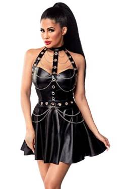 SARESIA Schwarzes Wetlook Minikleid mit Reißverschluss, Ketten, Ösen und Halsband fetisch Gogo Kleid M von SARESIA
