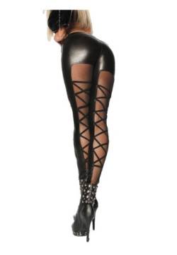 Schwarze Damen Wetlook Leggings mit Zierschnürung hinten teiltransparent (XS) von SARESIA