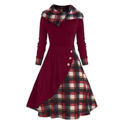 SARGE Elegantes Kleid Damen Herbst Unregelmäßiger Florkragen Kapuze Knopf Taille Eng Plaid Patchwork Druck Großer Saum Midi Kleid von SARGE