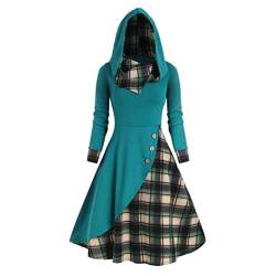 SARGE Elegantes Kleid Damen Herbst Unregelmäßiger Florkragen Kapuze Knopf Taille Eng Plaid Patchwork Druck Großer Saum Midi Kleid von SARGE