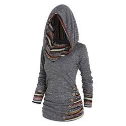 Tribal Geometrische Streifen Panel Kapuze Strick Top Langarm Mock Button Strick Frauen Casual Ethno Top mit Kapuze von SARGE