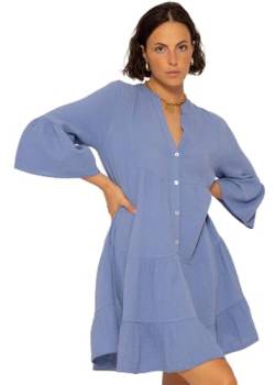 SASSYCLASSY Damen Musselin Kleid OneSize Blau - Sommerkleid für Damen elegant - Festkleid atmungsaktiv und hochwertig - 3/4 Ärmel mit V-Ausschnitt Oberteile erhältlich von SASSYCLASSY