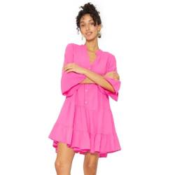 SASSYCLASSY Damen Musselin Kleid OneSize Pink - Sommerkleid für Damen elegant - Festkleid atmungsaktiv und hochwertig - 3/4 Ärmel mit V-Ausschnitt Oberteile erhältlich von SASSYCLASSY