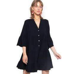 SASSYCLASSY Damen Musselin Kleid OneSize Schwarz - Sommerkleid für Damen elegant - Festkleid atmungsaktiv und hochwertig - 3/4 Ärmel mit V-Ausschnitt Oberteile erhältlich von SASSYCLASSY