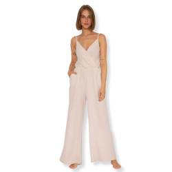 SASSYCLASSY Musselin Jumpsuit Damen Sommer - Hosenanzug Damen elegant mit Taschen - Sommer Outfits Damen - Overall Damen Sommer lang mit V-Ausschnitt und Trägern - Größe: L - Farbe: Hellbeige von SASSYCLASSY