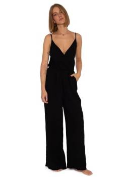 SASSYCLASSY Musselin Jumpsuit Damen Sommer - Hosenanzug Damen elegant mit Taschen - Sommer Outfits Damen - Overall Damen Sommer lang mit V-Ausschnitt und Trägern - Größe: XS - Farbe: Schwarz von SASSYCLASSY