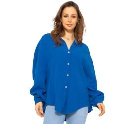 SASSYCLASSY Oversize Musselin Bluse Damen Langarm - Oversized Freizeit Look - Hemdbluse lang aus Baumwolle mit V Ausschnitt - One Size (Gr. 36-48) von SASSYCLASSY