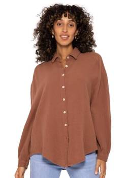 SASSYCLASSY Oversize Musselin Bluse Damen Langarm in Cafelatte - Oversized Freizeit Look - Hemdbluse lang aus Baumwolle mit V Ausschnitt - One Size (Gr. 36-48) von SASSYCLASSY