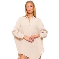 SASSYCLASSY Oversize Musselin Bluse Damen Langarm in Creme Beige - Oversized Freizeit Look - Hemdbluse lang aus Baumwolle mit V Ausschnitt - Long-Bluse One Size (Gr. 36-48) von SASSYCLASSY
