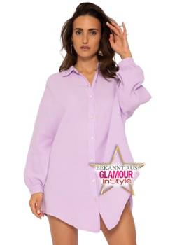 SASSYCLASSY Oversize Musselin Bluse Damen Langarm in Flieder - Oversized Freizeit Look - Hemdbluse lang aus Baumwolle mit V Ausschnitt - Long-Bluse One Size (Gr. 36-48) von SASSYCLASSY