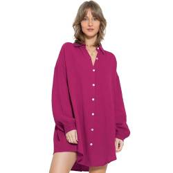 SASSYCLASSY Oversize Musselin Bluse Damen Langarm in Fuchsia - Oversized Freizeit Look - Hemdbluse lang aus Baumwolle mit V Ausschnitt - Long-Bluse One Size (Gr. 36-48) von SASSYCLASSY