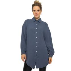 SASSYCLASSY Oversize Musselin Bluse Damen Langarm in Jeansblau - Oversized Freizeit Look - Hemdbluse lang aus Baumwolle mit V Ausschnitt - Long-Bluse One Size (Gr. 36-48) von SASSYCLASSY