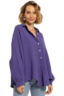 SASSYCLASSY Oversize Musselin Bluse Damen Langarm in Lila - Oversized Freizeit Look - Hemdbluse lang aus Baumwolle mit V Ausschnitt - One Size (Gr. 36-48) von SASSYCLASSY
