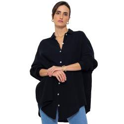 SASSYCLASSY Oversize Musselin Bluse Damen Langarm in Schwarz - Oversized Freizeit Look - Hemdbluse lang aus Baumwolle mit V Ausschnitt - Long-Bluse One Size (Gr. 36-48) von SASSYCLASSY