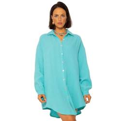 SASSYCLASSY Oversize Musselin Bluse Damen Langarm in Türkis - Oversized Freizeit Look - Hemdbluse lang aus Baumwolle mit V Ausschnitt - Long-Bluse One Size (Gr. 36-48) von SASSYCLASSY